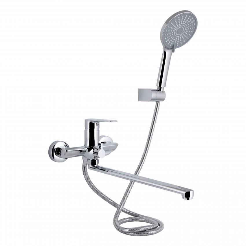 Змішувач для ванни Leo New, Chrome (k35) з довгим поворотним виливом та душовим гарнітуром QTLEO2601CRM45562 Qtap QTAP