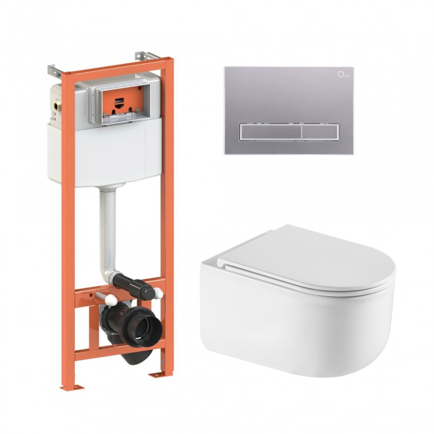 Готове рішення Qtap для ванної кімнати: підвісний унітаз Taurus Ultra Quiet 485×360×350 + комплект інсталяції Nest 4 в 1 (лінійна клавіша Satin) QTAP