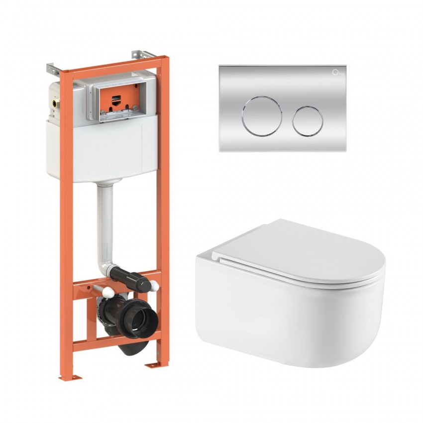 Готове рішення Qtap для ванної кімнати: підвісний унітаз Taurus Ultra Quiet 485×360×350 + комплект інсталяції Nest 4 в 1 (кругла клавіша Chrome) QTAP