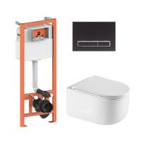Готове рішення Qtap для ванної кімнати: підвісний унітаз Taurus Ultra Quiet 485×360×350 + комплект інсталяції Nest 4 в 1 (лінійна клавіша Matt Black)