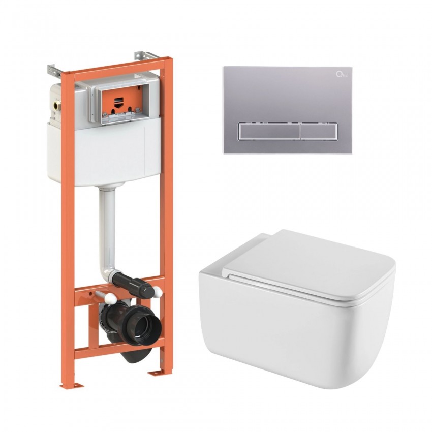 Готове рішення Qtap для ванної кімнати: підвісний унітаз Gemini Ultra Quiet 520х360х350 + комплект інсталяції Nest 4 в 1 (лінійна клавіша Satin) QTAP
