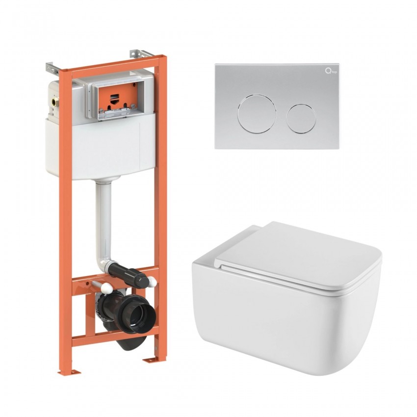 Готове рішення Qtap для ванної кімнати: підвісний унітаз Gemini Ultra Quiet 520×360×350 + комплект інсталяції Nest 4 в 1 (кругла клавіша Satin) QTAP