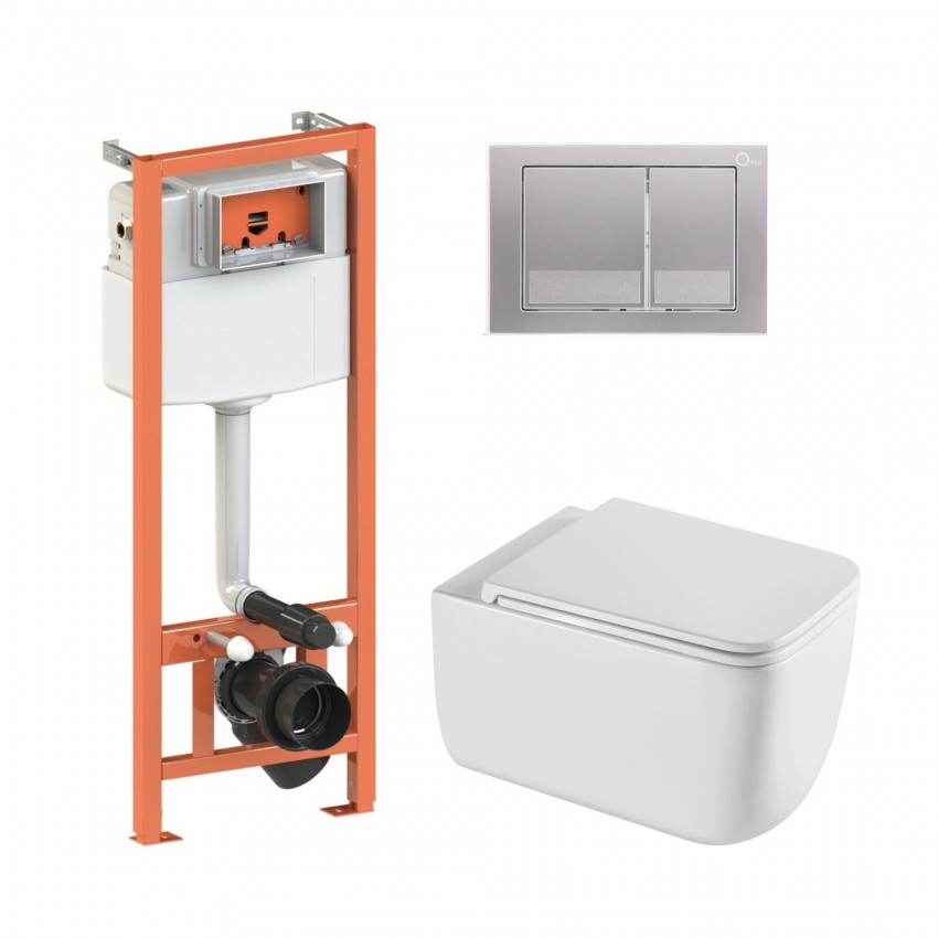 Готове рішення Qtap для ванної кімнати: підвісний унітаз Gemini Ultra Quiet 520×360×350 + комплект інсталяції Nest 4 в 1 (квадратна клавіша Satin) QTAP