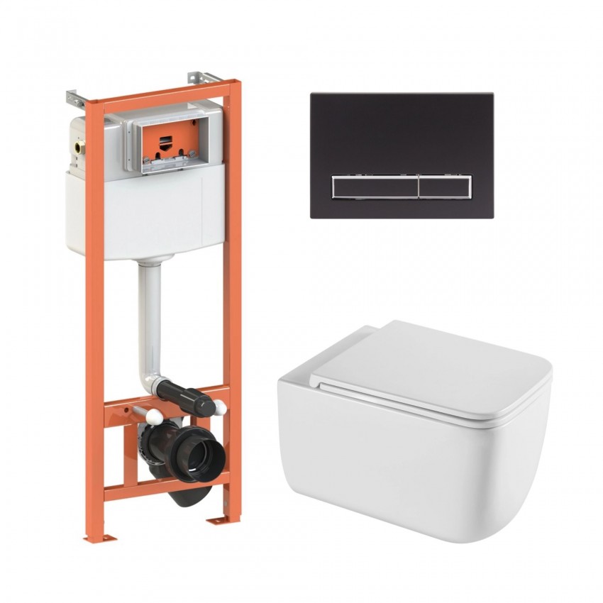 Готове рішення Qtap для ванної кімнати: підвісний унітаз Gemini Ultra Quiet 520×360×350 + комплект інсталяції Nest 4 в 1 (лінійна клавіша Matt Black) QTAP