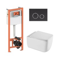 Готове рішення Qtap для ванної кімнати: підвісний унітаз Gemini Ultra Quiet 520×360×350 + комплект інсталяції Nest 4 в 1 (кругла клавіша Matt Black) QTAP