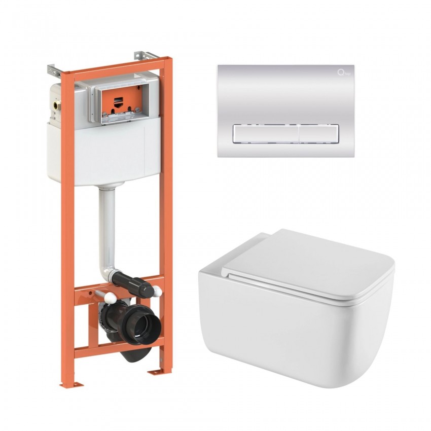 Готове рішення Qtap для ванної кімнати: підвісний унітаз Gemini Ultra Quiet 520×360×350 + комплект інсталяції Nest 4 в 1 (лінійна клавіша Chrome) QTAP