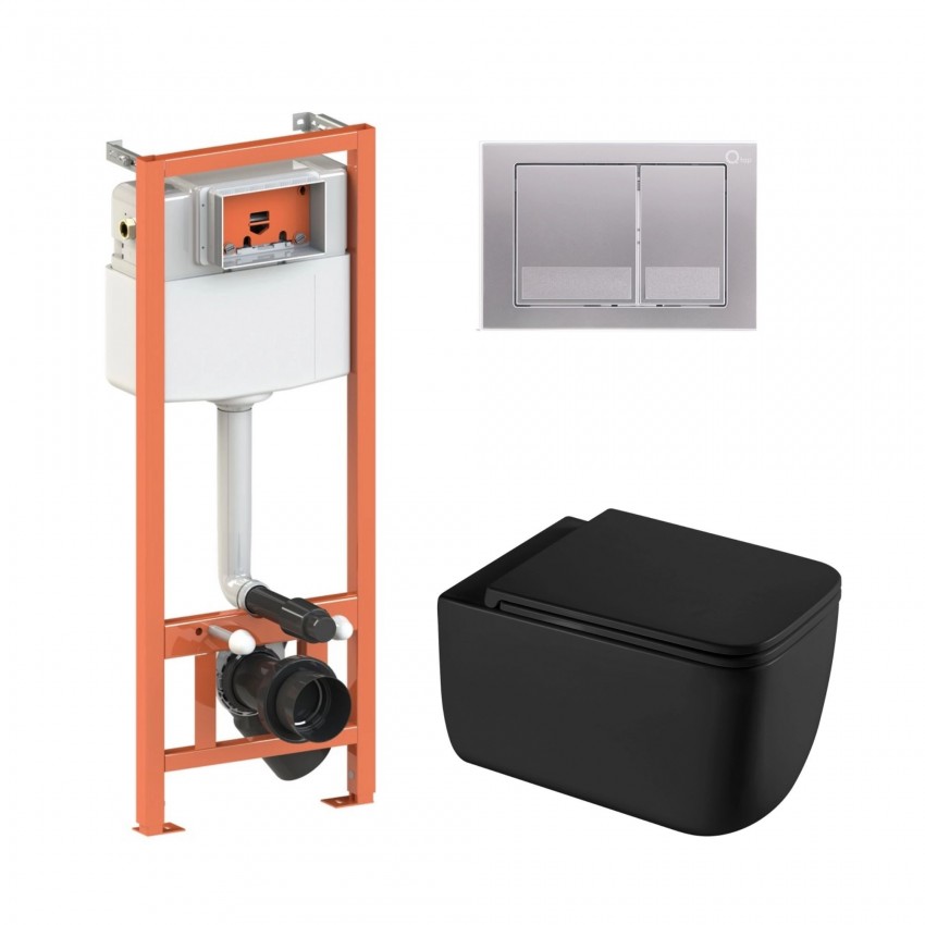 Готове рішення Qtap для ванної кімнати: підвісний унітаз Gemini Ultra Quiet 530х365х373 + комплект інсталяції Nest 4 в 1 (квадратна клавіша Satin) QTAP