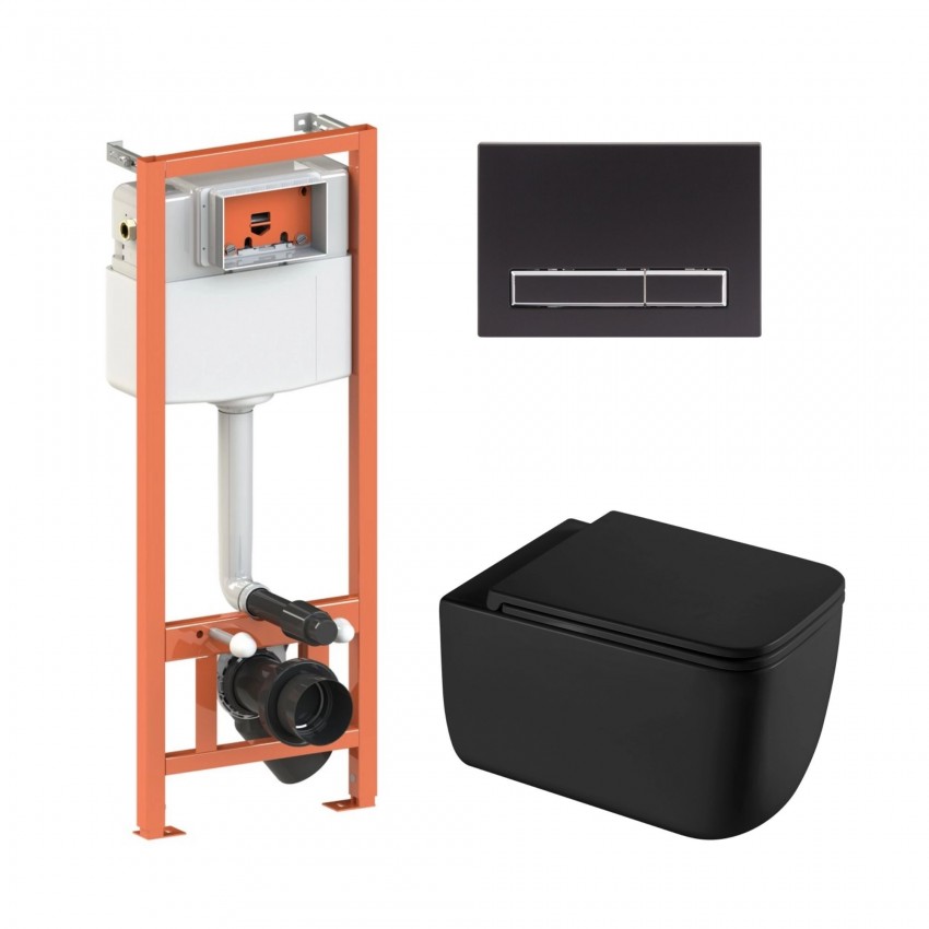 Готове рішення Qtap для ванної кімнати: підвісний унітаз Gemini Ultra Quiet 530х365х373 + комплект інсталяції Nest 4 в 1 (лінійна клавіша Matt Black) QTAP