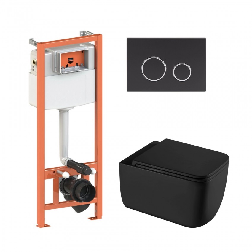 Готове рішення Qtap для ванної кімнати: підвісний унітаз Gemini Ultra Quiet 530х365х373 + комплект інсталяції Nest 4 в 1 (кругла клавіша Matt Black) QTAP