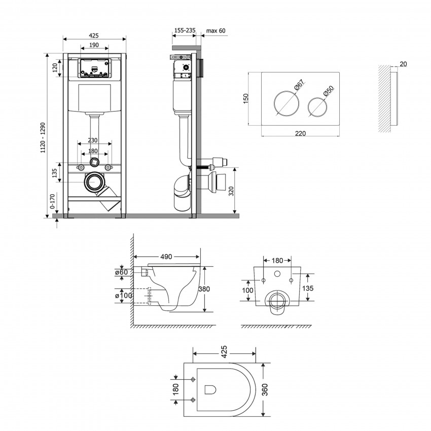 Готове рішення Qtap для ванної кімнати: підвісний унітаз Taurus Ultra Quiet 490x360x380 + комплект інсталяції Nest 4 в 1 (кругла клавіша White) QTAP фото 1