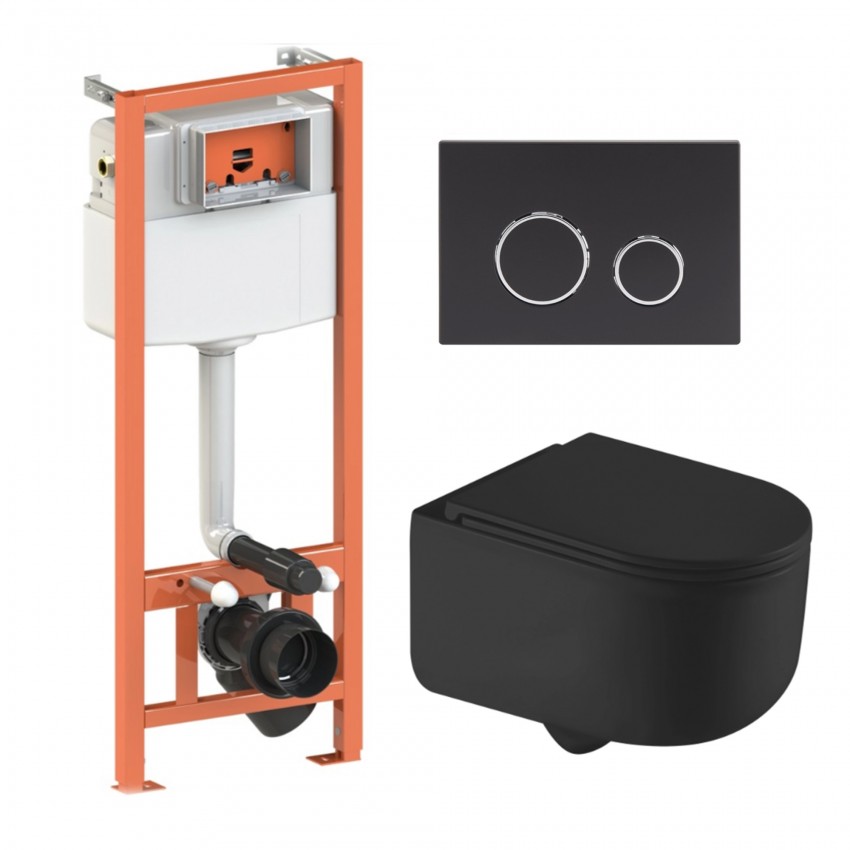 Готове рішення Qtap для ванної кімнати: підвісний унітаз Taurus Ultra Quiet 490x360x380 + комплект інсталяції Nest 4 в 1 (кругла клавіша Matt Black) QTAP