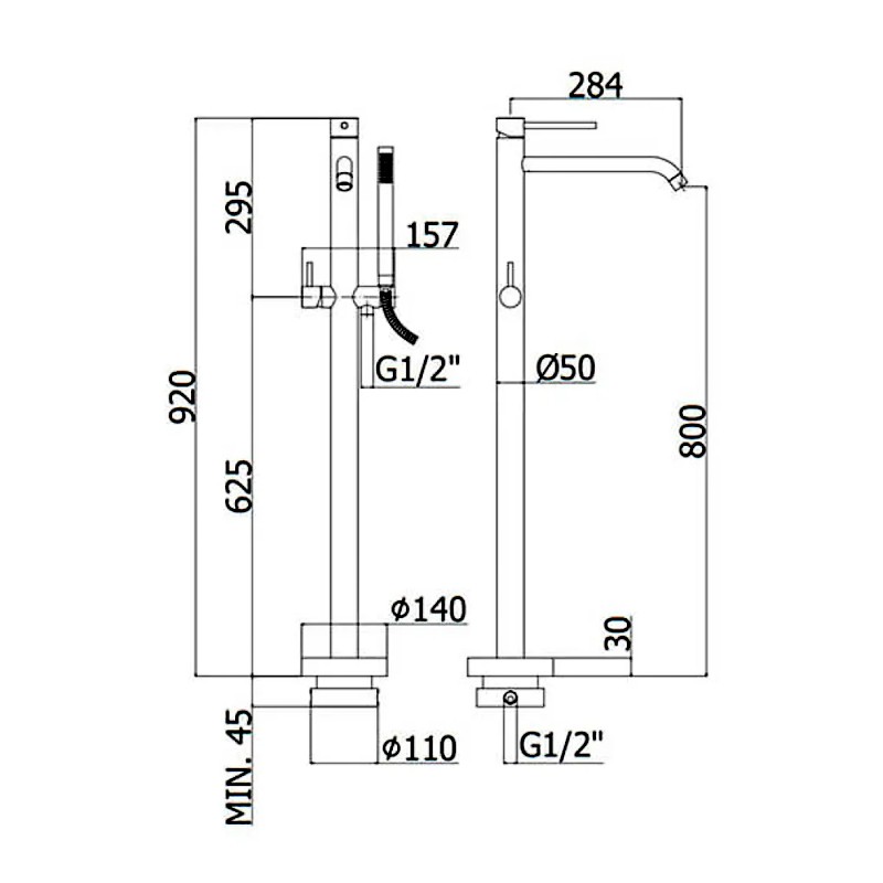LIG 032 CR LIGHT Змішувач ванни з підлоги, з ручним душем, хром (1 сорт) Paffoni фото 2