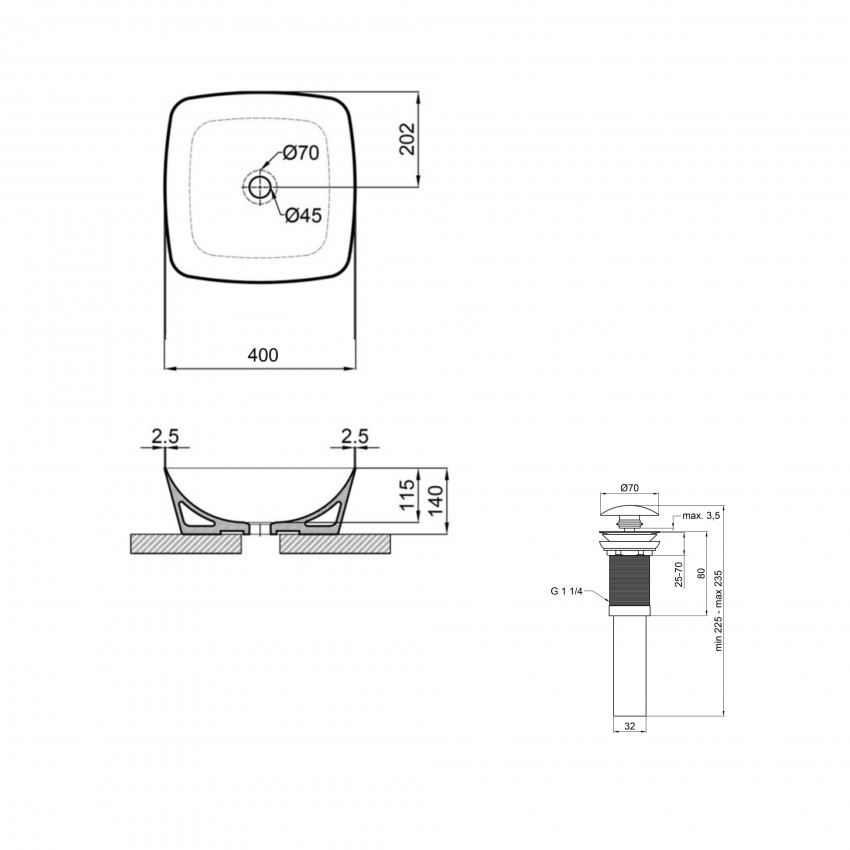 Комплект Qtap Kolibri: Раковина накладна 400x400x140 мм, White, квадратна + Донний клапан Pop-up PU02 QTAP фото 1