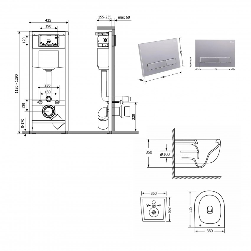 Готове рішення Qtap для ванної кімнати: підвісний унітаз Taurus Ultra Quiet 515×360×350 + комплект інсталяції Nest 4 в 1 (лінійна клавіша Satin) QTAP фото 1