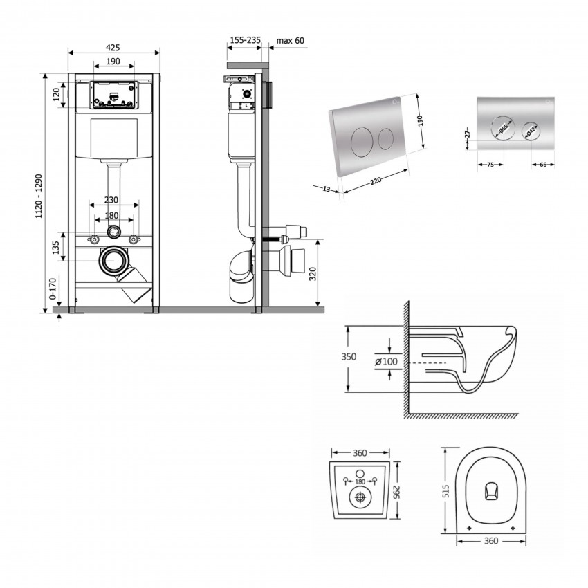 Готове рішення Qtap для ванної кімнати: підвісний унітаз Taurus Ultra Quiet 515×360×350 + комплект інсталяції Nest 4 в 1 (кругла клавіша Chrome) QTAP фото 1