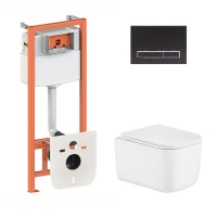 Готове рішення Qtap для ванної кімнати: підвісний унітаз Gemini Ultra Quiet 485×340×350  + комплект інсталяції Nest 4 в 1 (лінійна клавіша Matt Black) QTAP