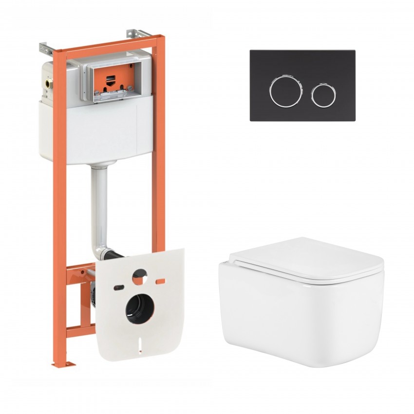 Готове рішення Qtap для ванної кімнати: підвісний унітаз Gemini Ultra Quiet 485×340×350 + комплект інсталяції Nest 4 в 1 (кругла клавіша Matt Black) QTAP