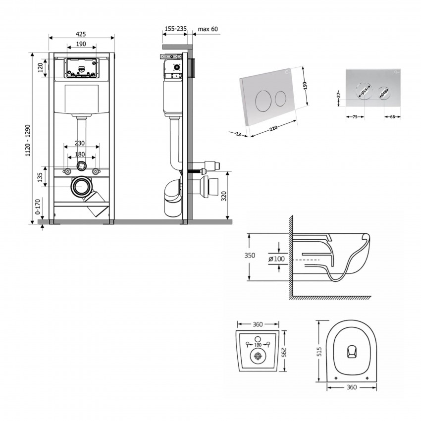 Готове рішення Qtap для ванної кімнати: підвісний унітаз Taurus Ultra Quiet 515×360×350 + комплект інсталяції Nest 4 в 1 (кругла клавіша Satin) QTAP фото 1
