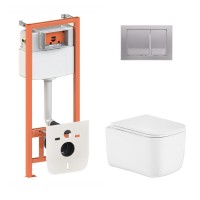 Готове рішення Qtap для ванної кімнати: підвісний унітаз Gemini Ultra Quiet 485×340×350 + комплект інсталяції Nest 4 в 1 (квадратна клавіша Satin)