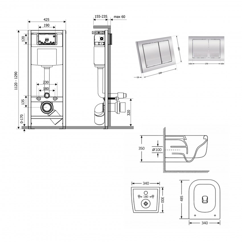 Готове рішення Qtap для ванної кімнати: підвісний унітаз Gemini Ultra Quiet 485×340×350 + комплект інсталяції Nest 4 в 1 (квадратна клавіша Chrome) QTAP фото 1