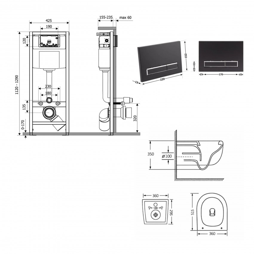 Готове рішення Qtap для ванної кімнати: підвісний унітаз Taurus Ultra Quiet 515×360×350  + комплект інсталяції Nest 4 в 1 (лінійна клавіша Matt Black) QTAP фото 1