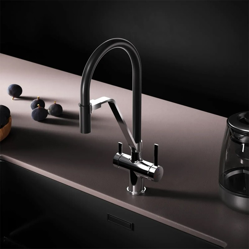 F8F07802 Func, Змішувач для кухні з каналом для питної води і гнучким виливом, хром,чорн (1 сорт) AM.PM
