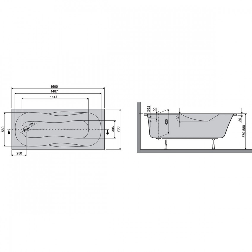 LIF16070 Life Ванна 160x70 см + ніжки, біла (1 сорт) DEVIT фото 1