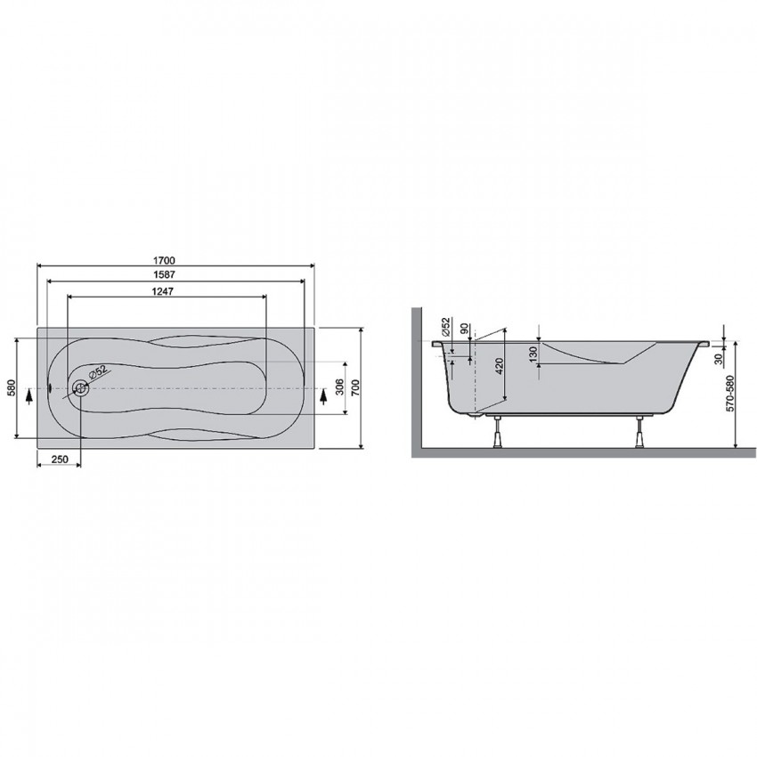 LIF17070 Life Ванна 170x70 см + ніжки, біла (1 сорт) DEVIT фото 2