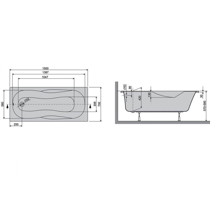 LIF15070 Life Ванна 150x70 см + ніжки, біла (1 сорт) DEVIT фото 2