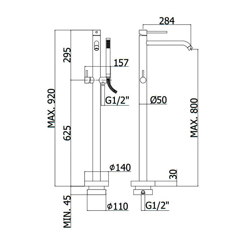 LIG032NO LIGHT Змішувач для ванни з підлоги з внутрішньою частиною, з ручним душем, чорн.мат (1 сорт) Paffoni фото 2