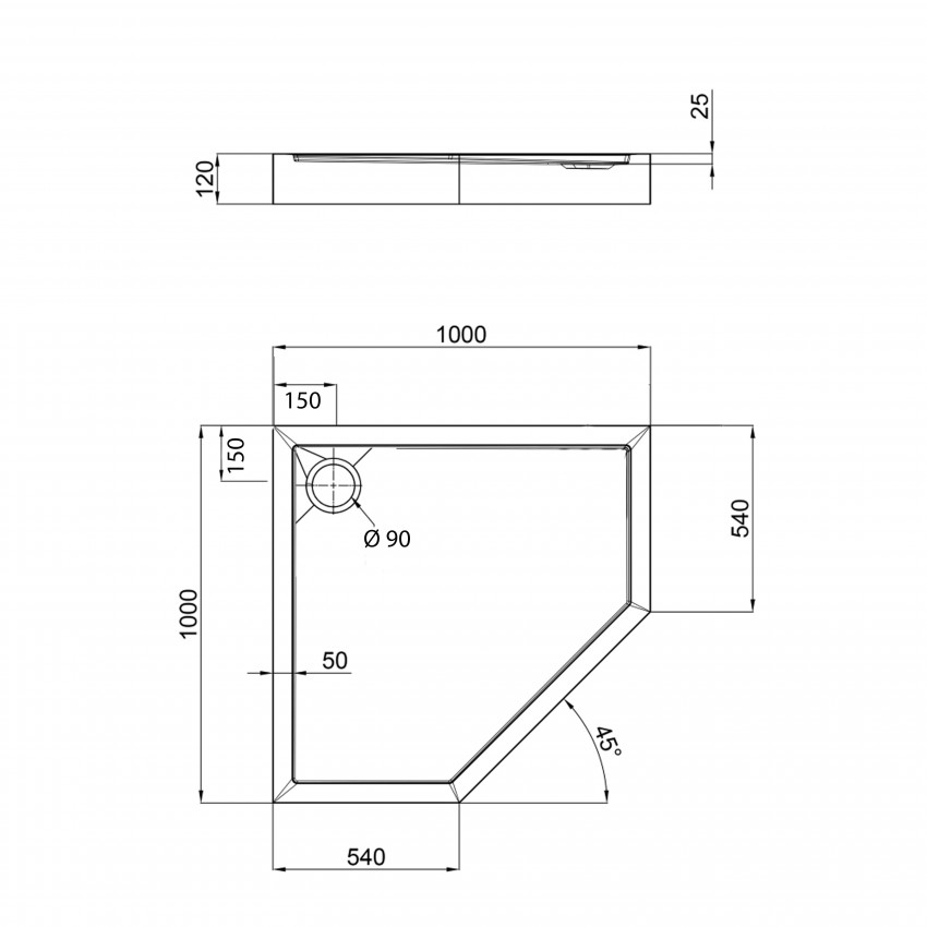 Душовий піддон Diamond 301112, 100x100x12 см, п'ятикутний, акриловий + ніжки, діаметр зливу 90 мм Qtap QTAP фото 1