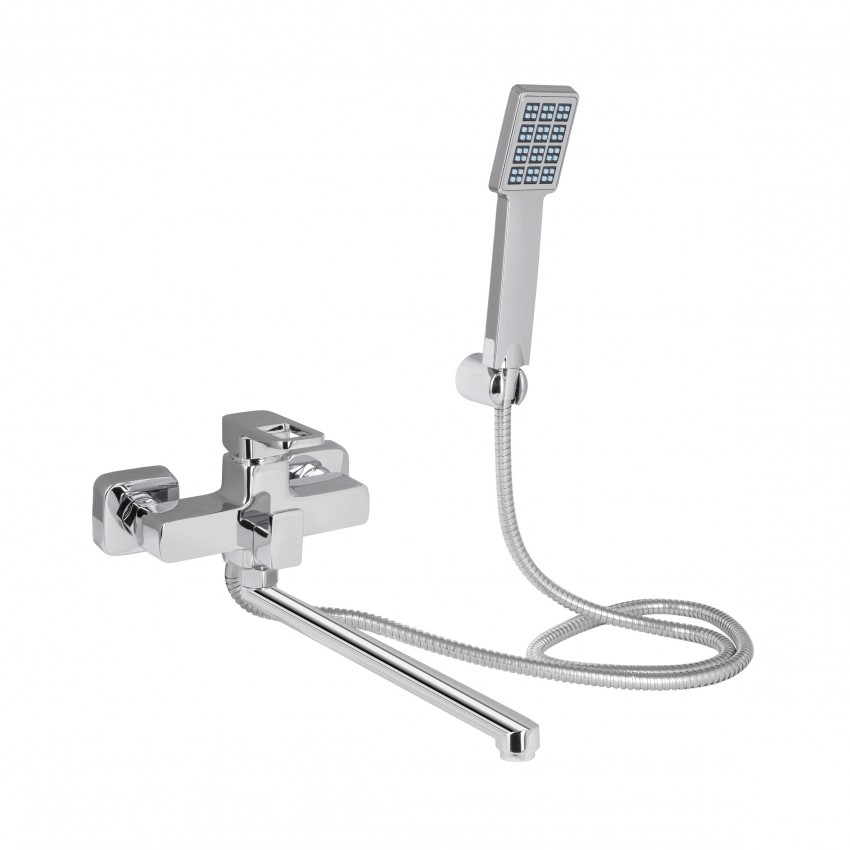 Змішувач для ванни Wawel 005, Chrome (k35) з довгим поворотним виливом та душовим гарнітуром LDWAW005CRM45389 Lidz LIDZ
