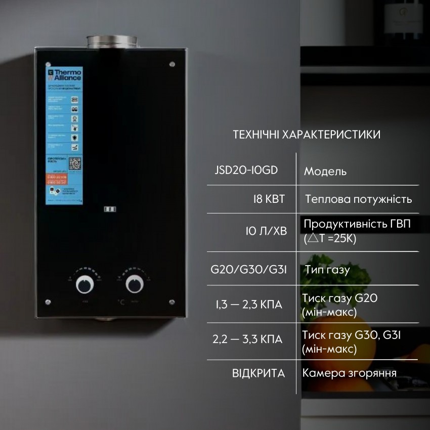 Колонка газова димохідна 10 л панель зі скла Black JSD20-10GD Thermo Alliance Thermo Alliance фото 2