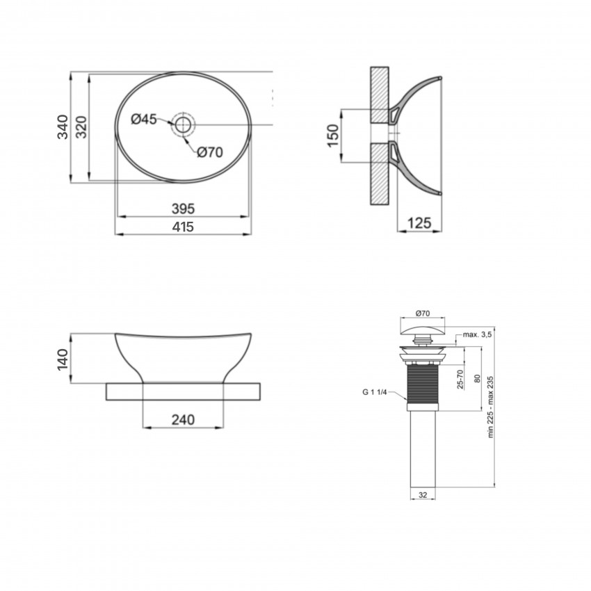 Комплект Qtap Dove: Раковина накладна овальна 415x340x140 мм Matt Black + Донний клапан PU03 QTAP фото 1