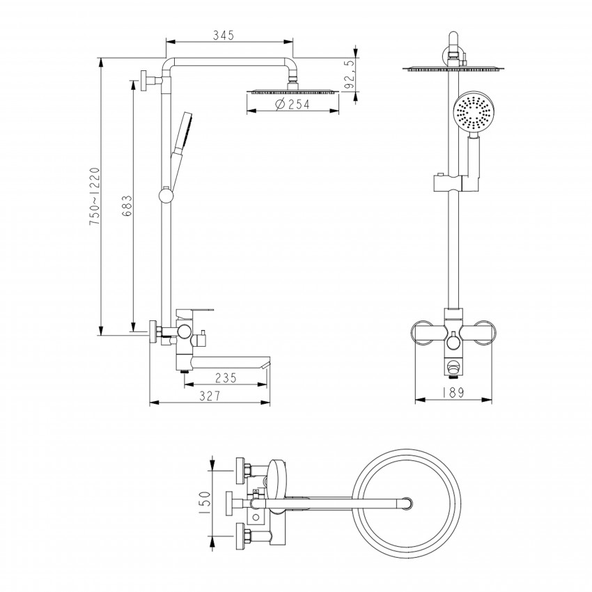 Душова система універсальна Aria 1033, Nickel (k35) на три споживачі (з виливом) LDARI1033NKS46109 Lidz LIDZ фото 1