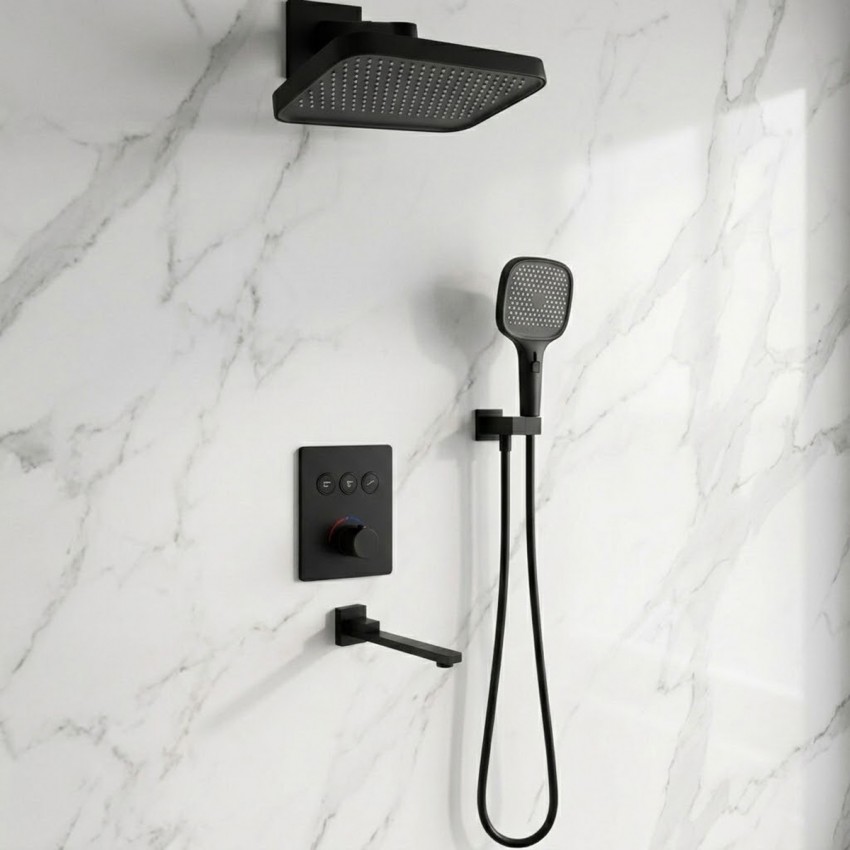 D117134011221BM Flow Душова система прихованого монтажу для ванни/душу, на 3 користувача, з термостатом, з виливом, чорний матовий (1 сорт) DEVIT фото 1