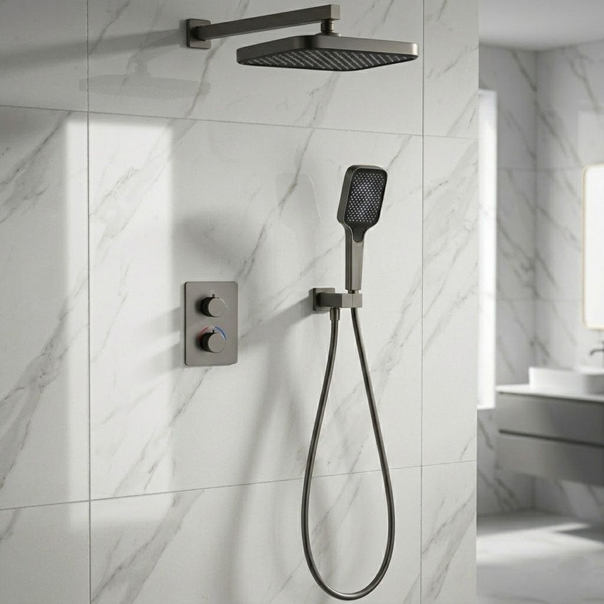 D117125011221GM Flow Душова система прихованого монтажу для душу, на 2 споживачі, з термостатом, gun metal (1 сорт) DEVIT