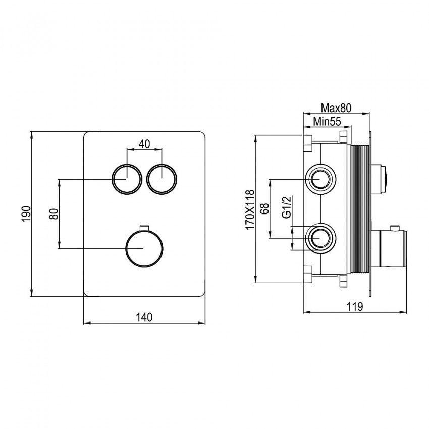 D114124010021C Flow Змішувач на 2 споживачі з термостатом, для ванни/душу, прихованого монтажу, хром (1 сорт) DEVIT