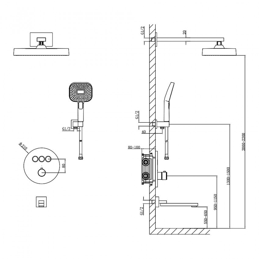 D117134011211MB Flow Душова система прихованого монтажу для ванни/душу, на 3 споживачі, з термостатом, з виливом, чорний матовий (1 сорт) DEVIT фото 2
