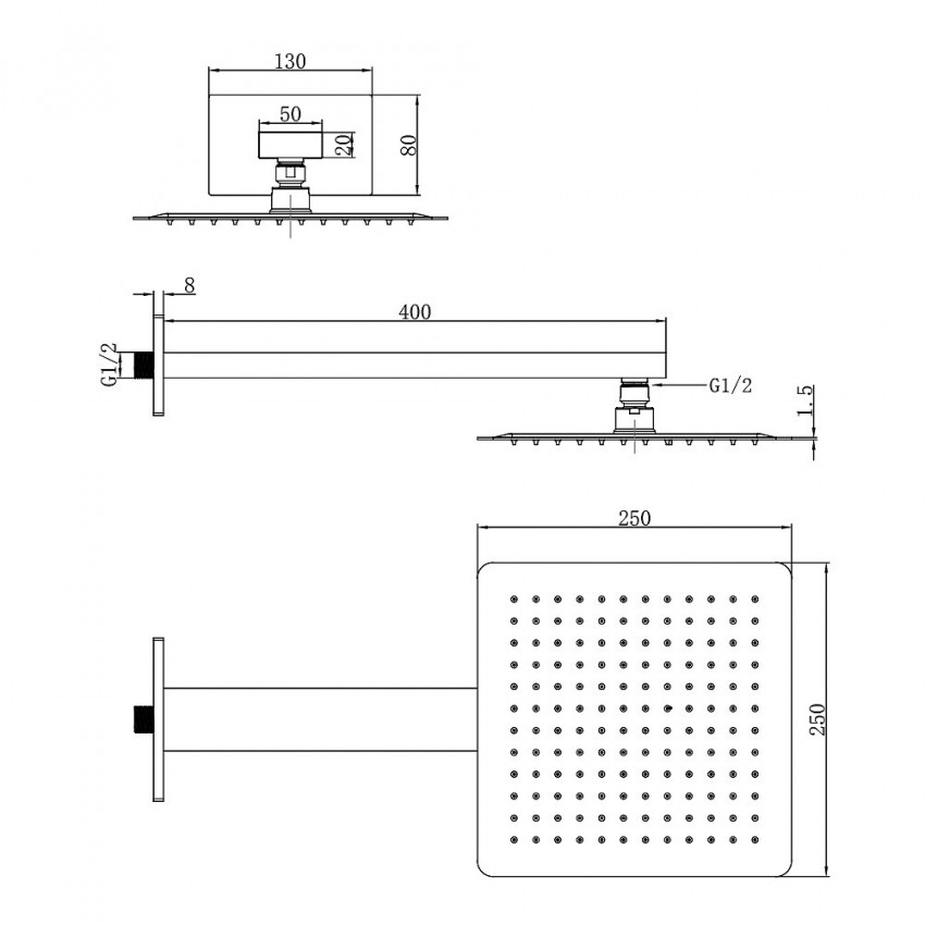 D113000000120BN Flow Верхня душова лійка 250x250 мм з кронштейном, brushed nickel (1 сорт) DEVIT