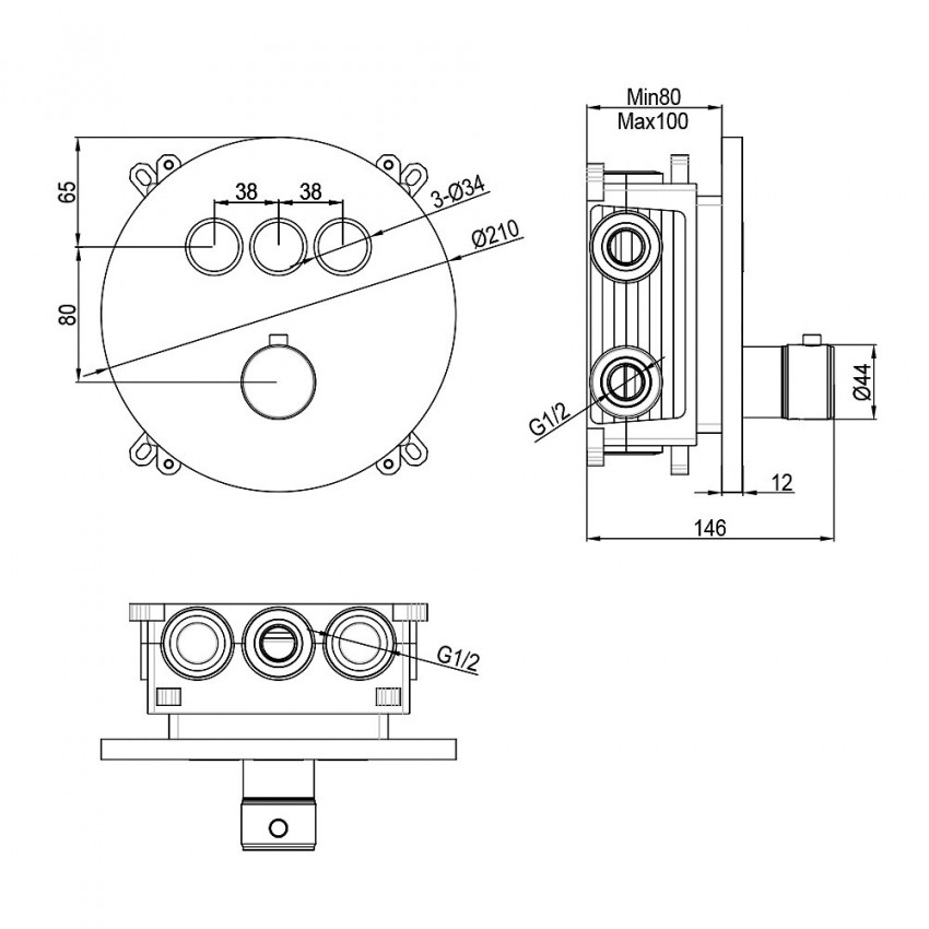 D114134010011BM Flow Змішувач на 3 споживачі з термостатом, для ванни/душу, прихованого монтажу, чорний матовий (1 сорт) DEVIT