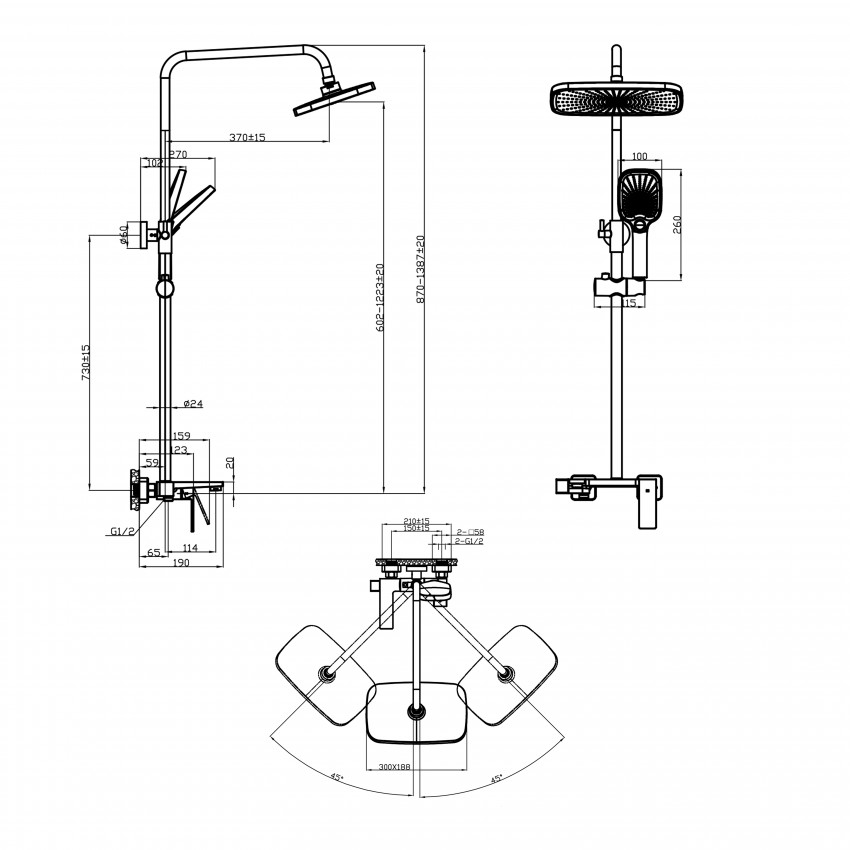 Душова система універсальна Gemini, Gunmetal Black PVD (k35) на три споживачі (з виливом) QTGEM111GMB45688 Qtap QTAP фото 1