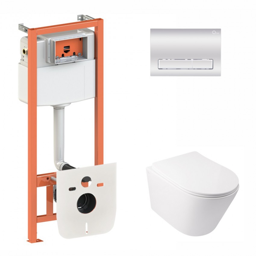 Готове рішення Qtap для ванної кімнати: підвісний унітаз Swan Rimless 520х360х320 + комплект інсталяції Nest 4 в 1 (лінійна клавіша Chrome) QTAP