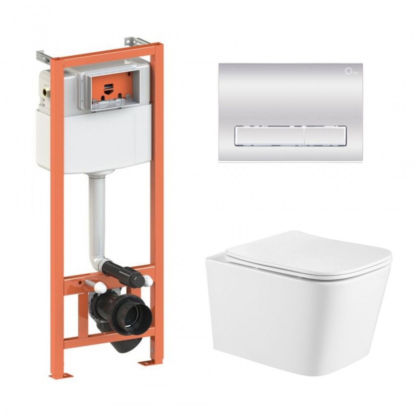 Готове рішення Qtap для ванної кімнати: підвісний унітаз Crow Ultra Quiet 490x360x290 + комплект інсталяції Nest 4 в 1 (лінійна клавіша Chrome) QTAP