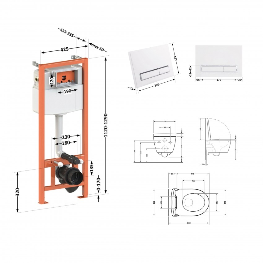 Готове рішення Qtap для ванної кімнати: підвісний унітаз Scorpio Ultra Quiet 520x365x365 + комплект інсталяції Nest 4 в 1 (лінійна клавіша White) QTAP фото 1