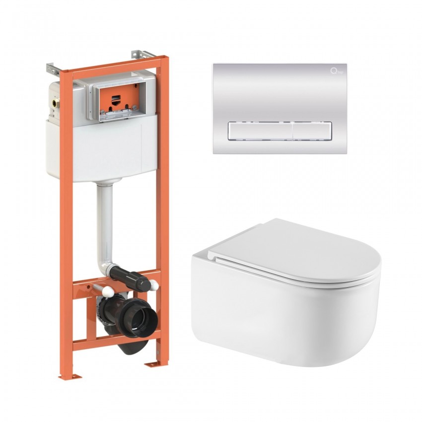 Готове рішення Qtap для ванної кімнати: підвісний унітаз Taurus Ultra Quiet 485×360×350 + комплект інсталяції Nest 4 в 1 (лінійна клавіша Chrome) QTAP