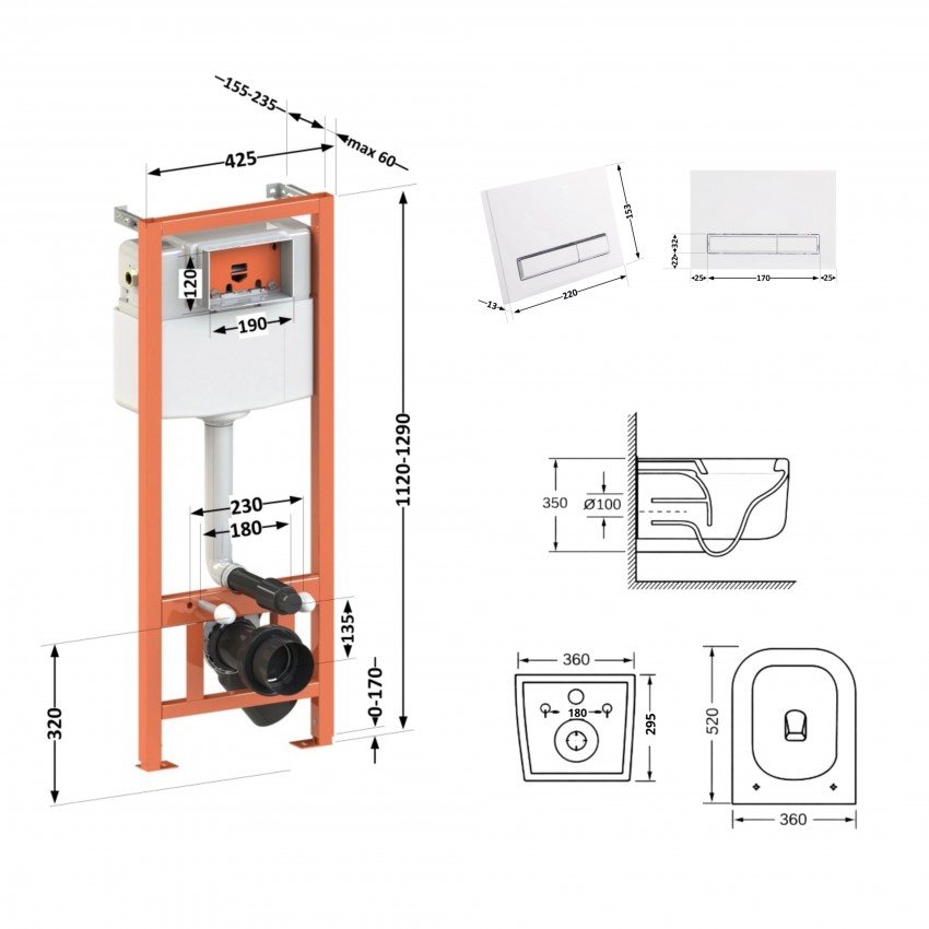 Готове рішення Qtap для ванної кімнати: підвісний унітаз Gemini Ultra Quiet 520×360×350 + комплект інсталяції Nest 4 в 1 (лінійна клавіша White) QTAP фото 1