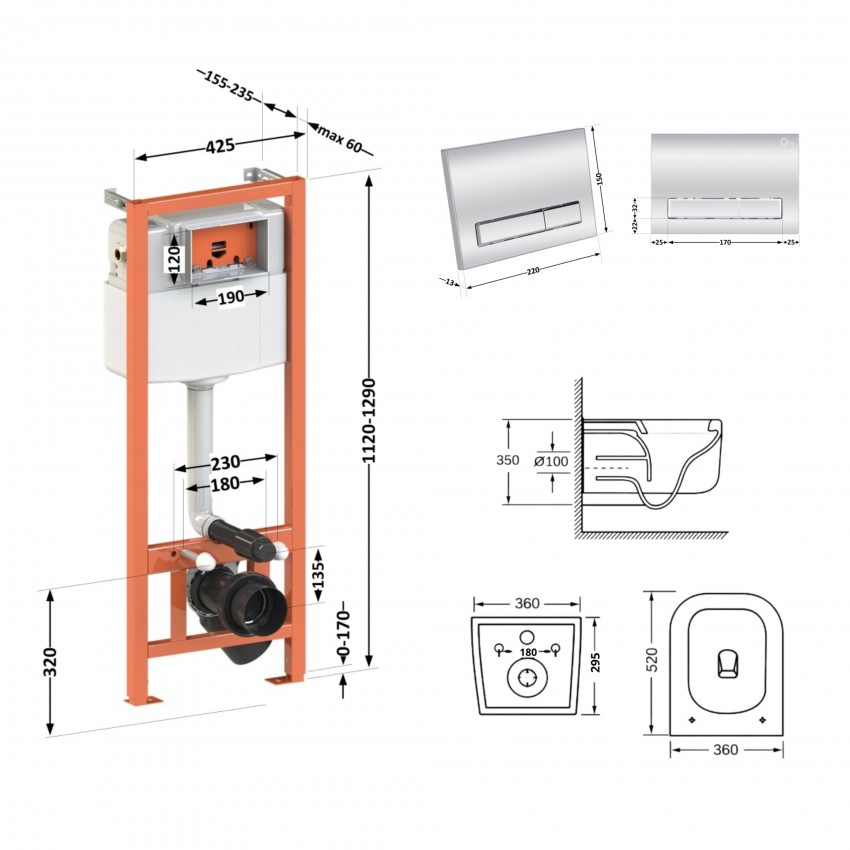 Готове рішення Qtap для ванної кімнати: підвісний унітаз Gemini Ultra Quiet 520×360×350 + комплект інсталяції Nest 4 в 1 (лінійна клавіша Chrome) QTAP фото 1