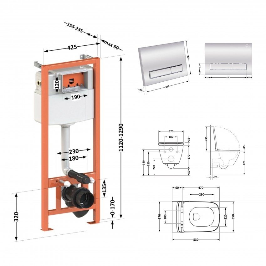 Готове рішення Qtap для ванної кімнати: підвісний унітаз Gemini Ultra Quiet 530х365х373 + комплект інсталяції Nest 4 в 1 (лінійна клавіша Chrome) QTAP фото 1