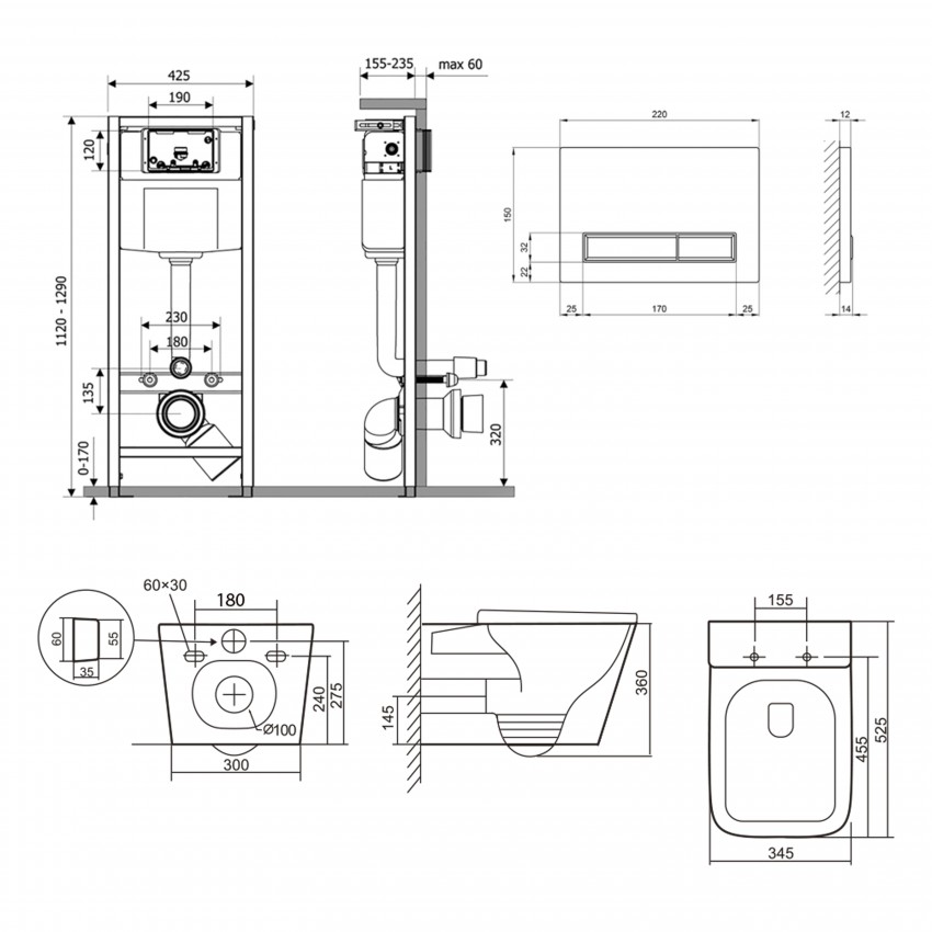 Готове рішення Qtap для ванної кімнати: підвісний унітаз Tern Ultra Quiet 525x345x360 + комплект інсталяції Nest 4 в 1 (лінійна клавіша Chrome) QTAP фото 1